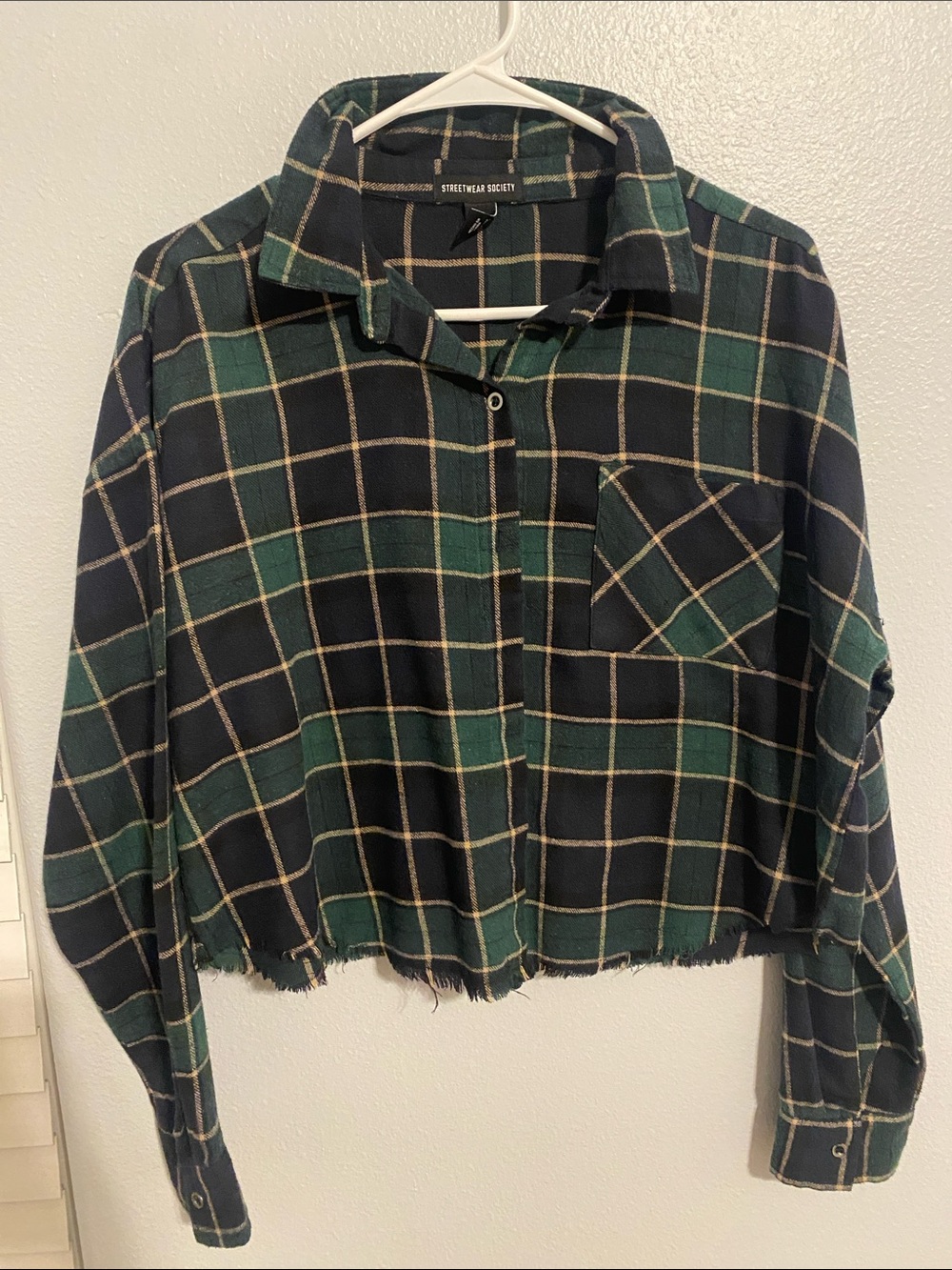 Streetwear Society Black, Green & Tan Plaid Cropped Flannel